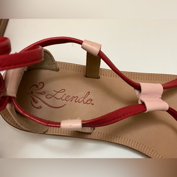Anthropologie Liendo Pink Red Leather Sandals Strappy Flat Ankle Tie shoes - Picture 10 of 11